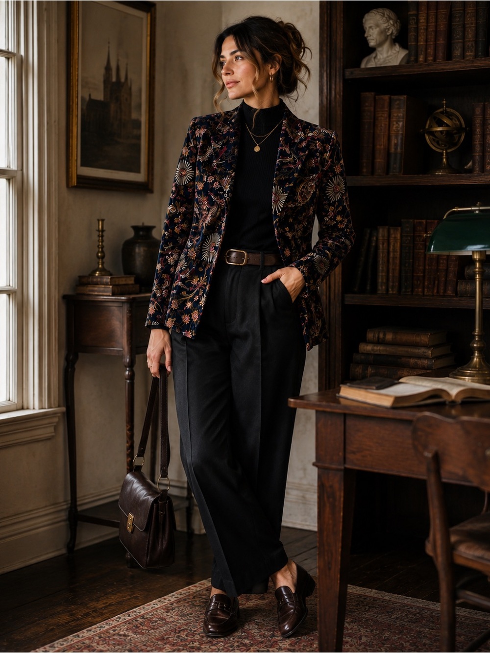 Velvet Navy Paisley Blazer XL Dark Academia Botanical Jacket